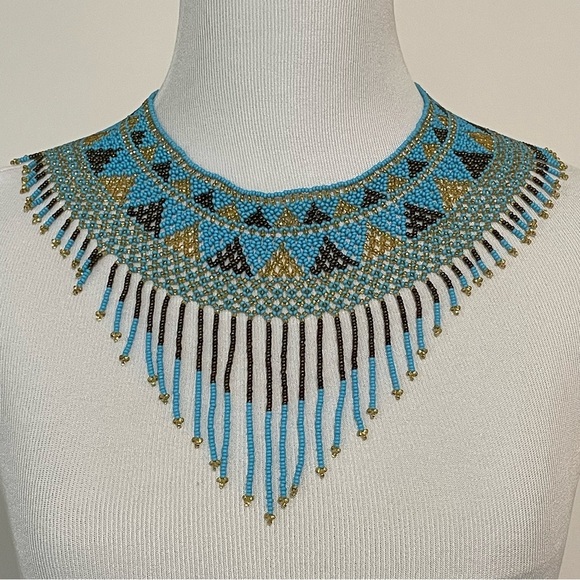 Blue Gold Brown Native American Style Beaded Necklace Collar Handmade - Picture 3 of 7